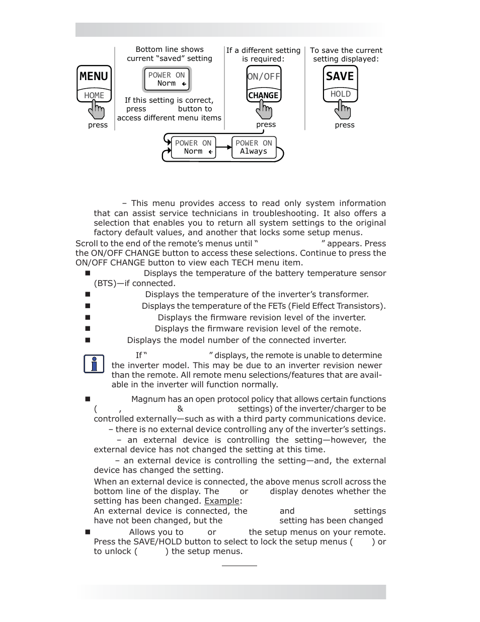12 tech menu, Menu, Save | 0 setup, On/off | Magnum Energy ME-MR Remote User Manual | Page 22 / 47