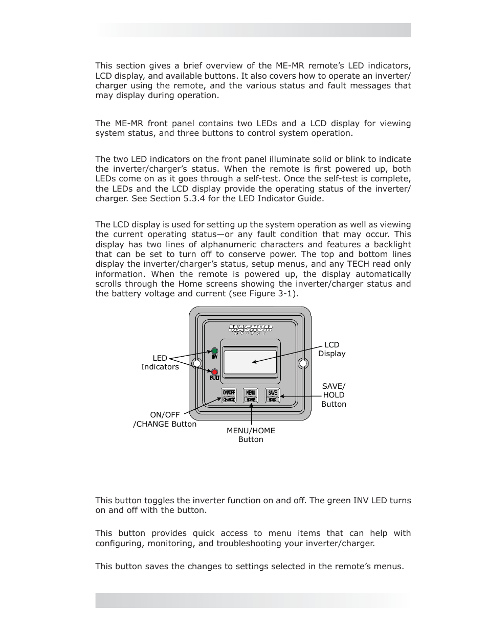 0 operation, 1 front panel, 1 led indicators | 2 lcd display, 3 me-mr remote buttons | Magnum Energy ME-MR Remote User Manual | Page 25 / 47