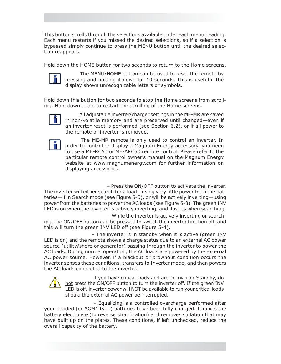 2 operating the inverter/charger, 0 operation | Magnum Energy ME-MR Remote User Manual | Page 26 / 47