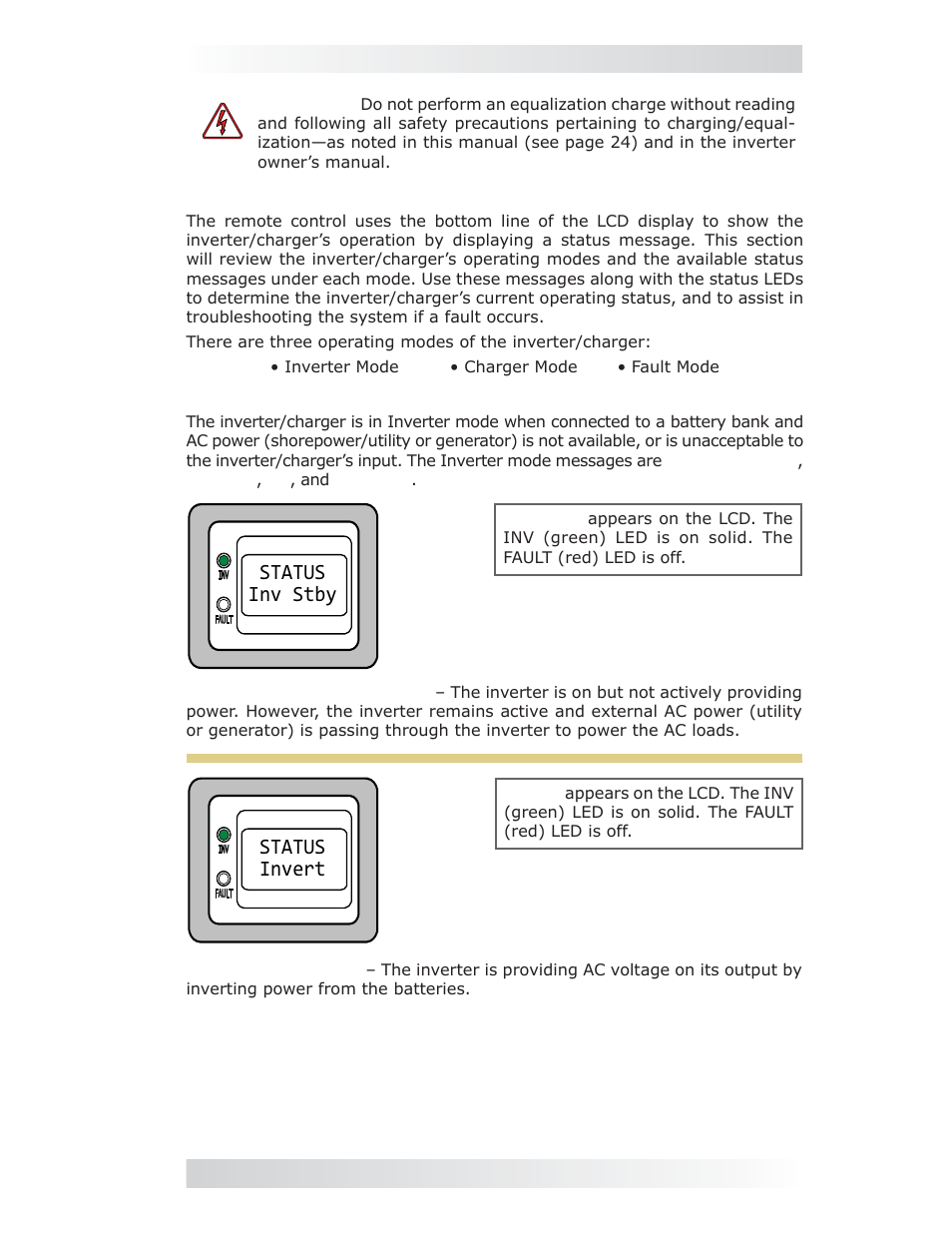 3 system status messages, 1 inverter mode messages, Status invert | Status inv stby | Magnum Energy ME-MR Remote User Manual | Page 27 / 47