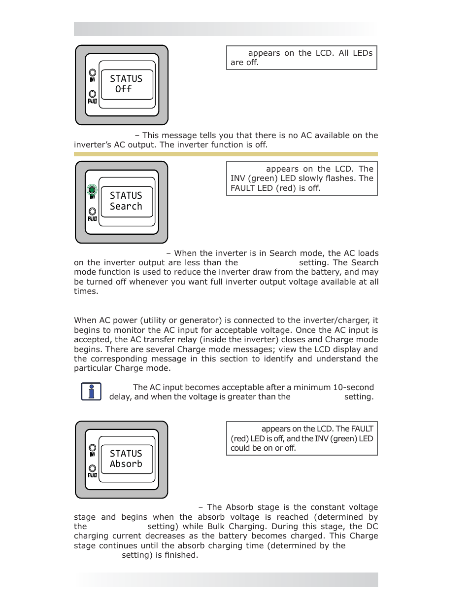 2 charger mode messages, Status search, Status off | Magnum Energy ME-MR Remote User Manual | Page 28 / 47