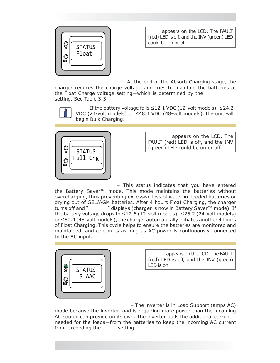 Status float, Status ls aac, Status full chg | Magnum Energy ME-MR Remote User Manual | Page 31 / 47