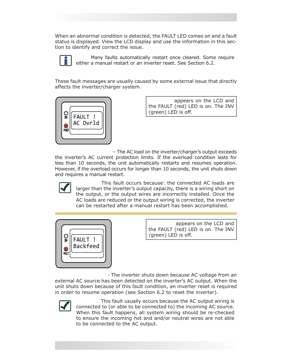 3 fault mode messages, 1 system fault messages, Fault ! ac ovrld | Fault ! backfeed, 0 operation | Magnum Energy ME-MR Remote User Manual | Page 33 / 47