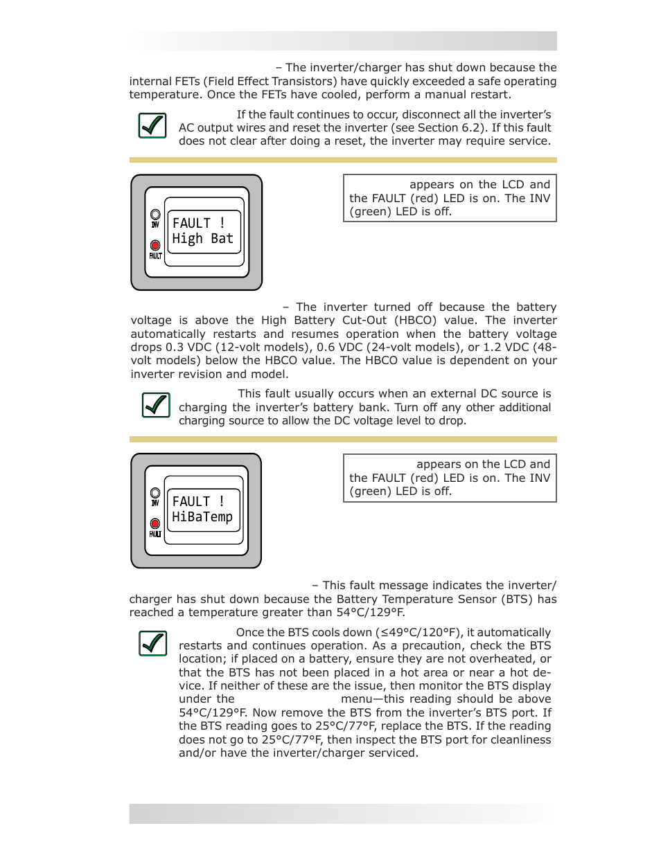 Fault ! high bat, Fault ! hibatemp, 0 operation | Magnum Energy ME-MR Remote User Manual | Page 35 / 47