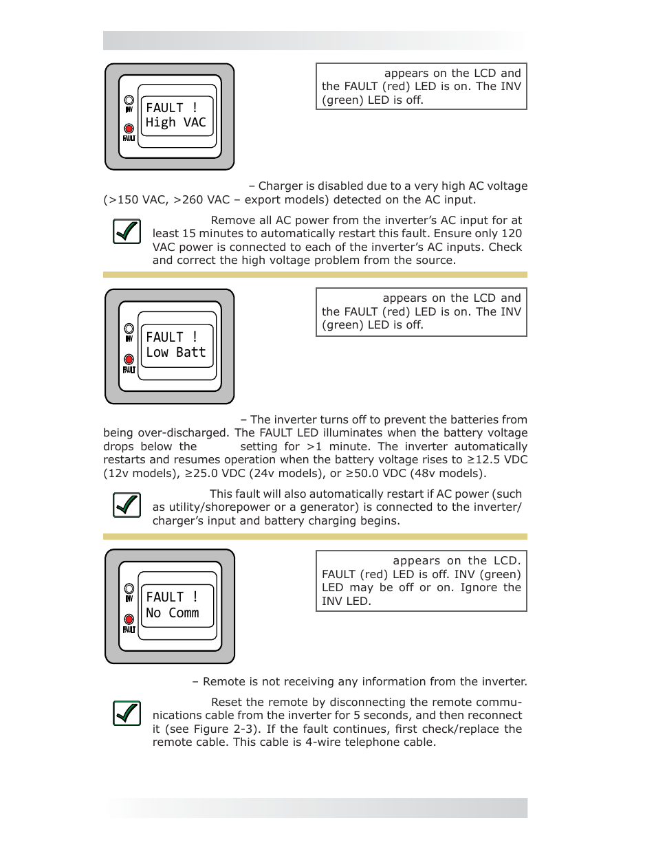 Fault ! low batt, Fault ! no comm | Magnum Energy ME-MR Remote User Manual | Page 36 / 47