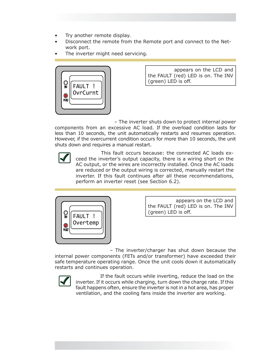 Fault ! ovrcurnt, Fault ! overtemp, 0 operation | Magnum Energy ME-MR Remote User Manual | Page 37 / 47