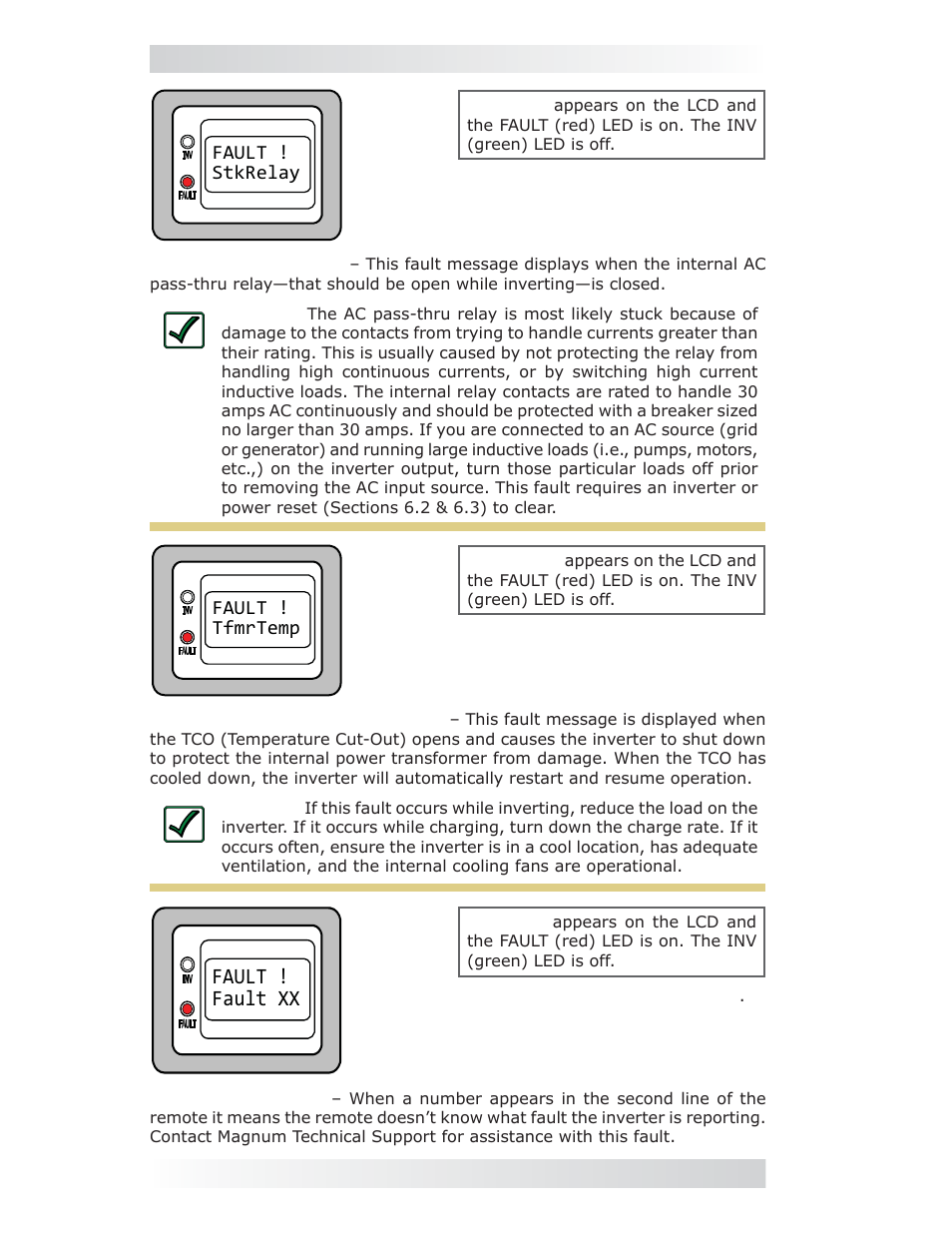 Fault ! fault xx, 0 operation | Magnum Energy ME-MR Remote User Manual | Page 38 / 47