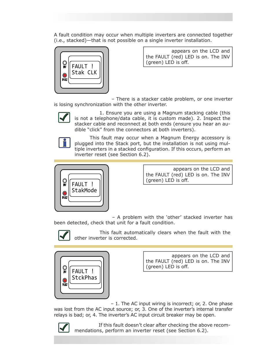 2 stacking fault messages, Fault ! stak clk, Fault ! stakmode | Fault ! stckphas | Magnum Energy ME-MR Remote User Manual | Page 39 / 47