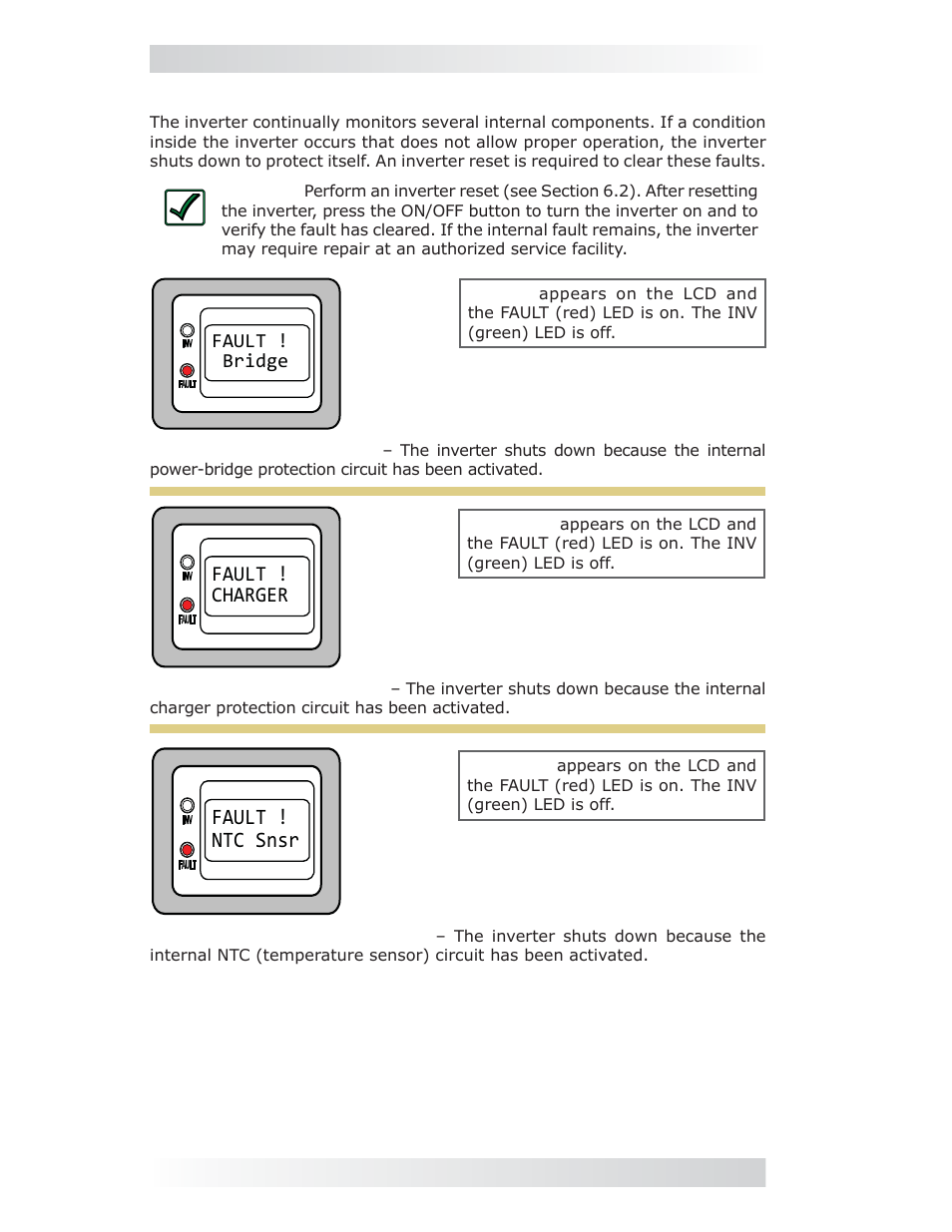 3 internal fault messages, Fault ! ntc snsr, Fault ! charger | Magnum Energy ME-MR Remote User Manual | Page 40 / 47