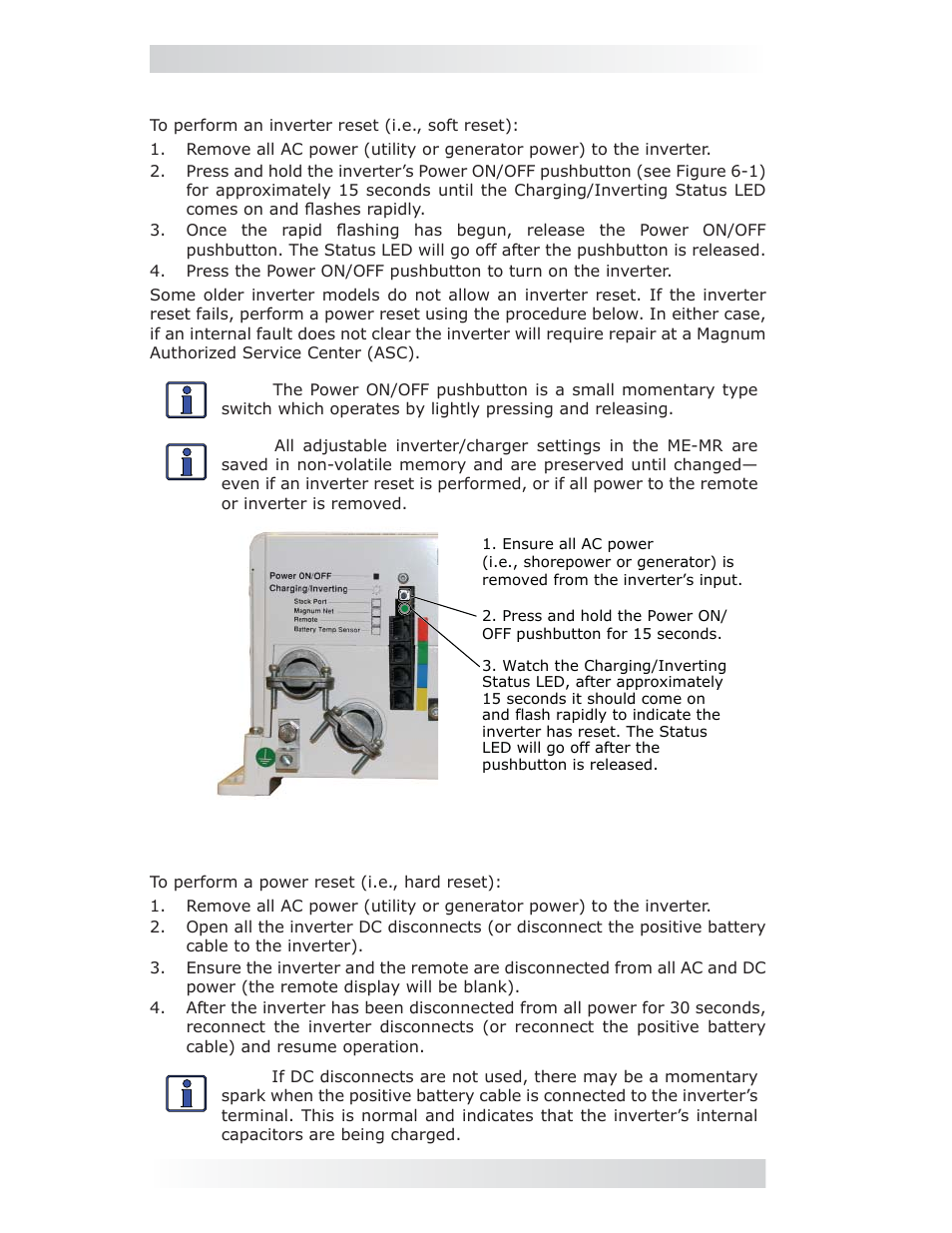 2 performing an inverter reset, 3 performing a power reset, 0 troubleshooting 6.3 performing a power reset | Magnum Energy ME-MR Remote User Manual | Page 44 / 47