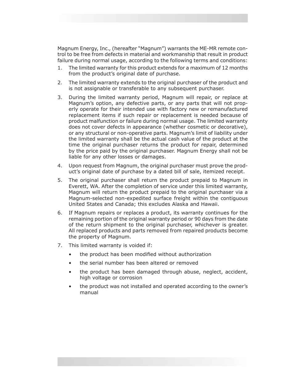 0 warranty and service information, 1 limited warranty | Magnum Energy ME-MR Remote User Manual | Page 45 / 47