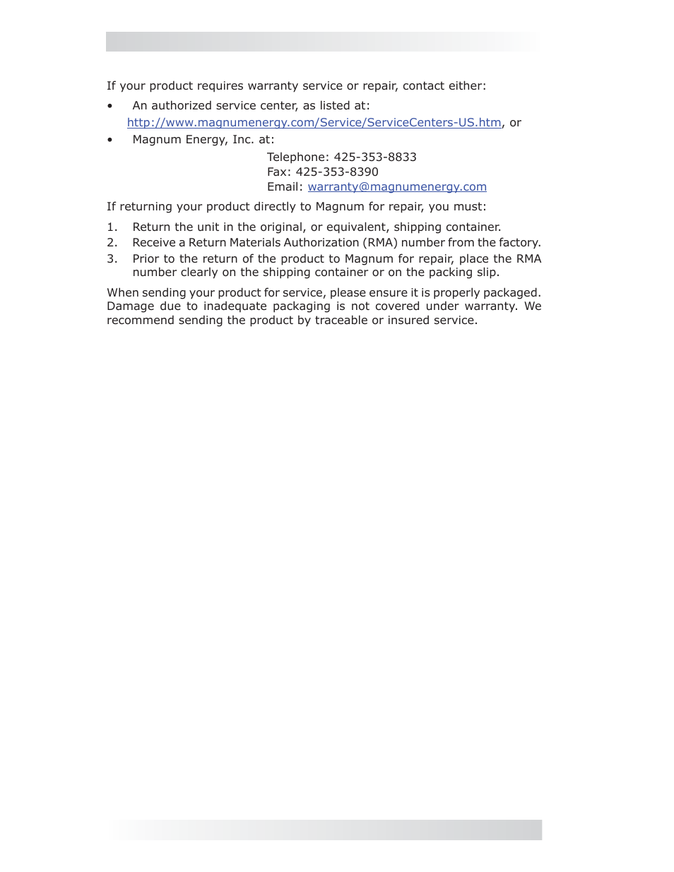 1 how to receive repair service, 0 warranty and service info | Magnum Energy ME-MR Remote User Manual | Page 46 / 47