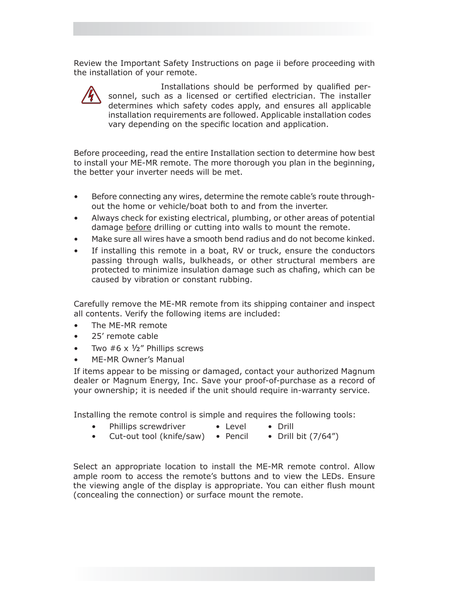 0 installation, 1 pre-installation, 1 installation guidelines | 2 unpacking and inspection, 3 tools required, 2 installation procedure | Magnum Energy ME-MR Remote User Manual | Page 8 / 47