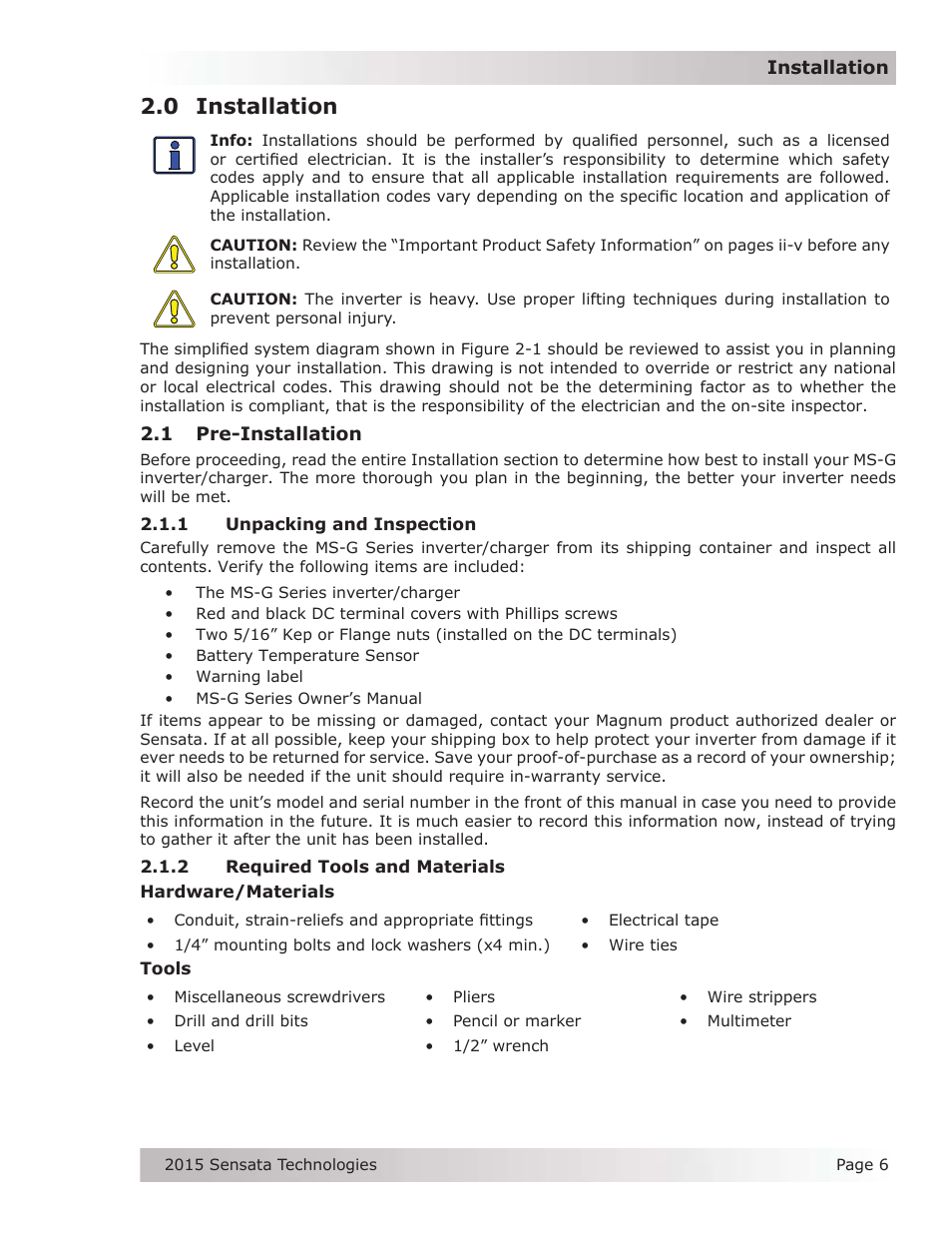 0 installation, 1 pre-installation, 1 unpacking and inspection | 2 required tools and materials | Magnum Energy MS-G Series User Manual | Page 14 / 74