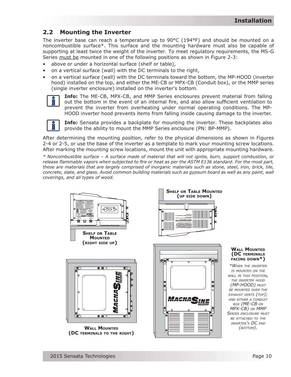 2 mounting the inverter, Installation 2.2 mounting the inverter, Figure 2-3, approved mounting positions | Magnum Energy MS-G Series User Manual | Page 18 / 74