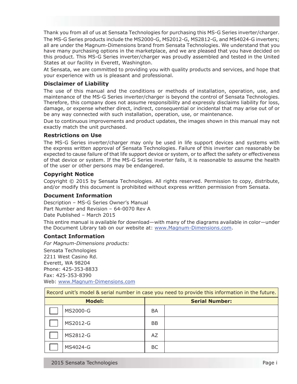 Magnum Energy MS-G Series User Manual | Page 2 / 74