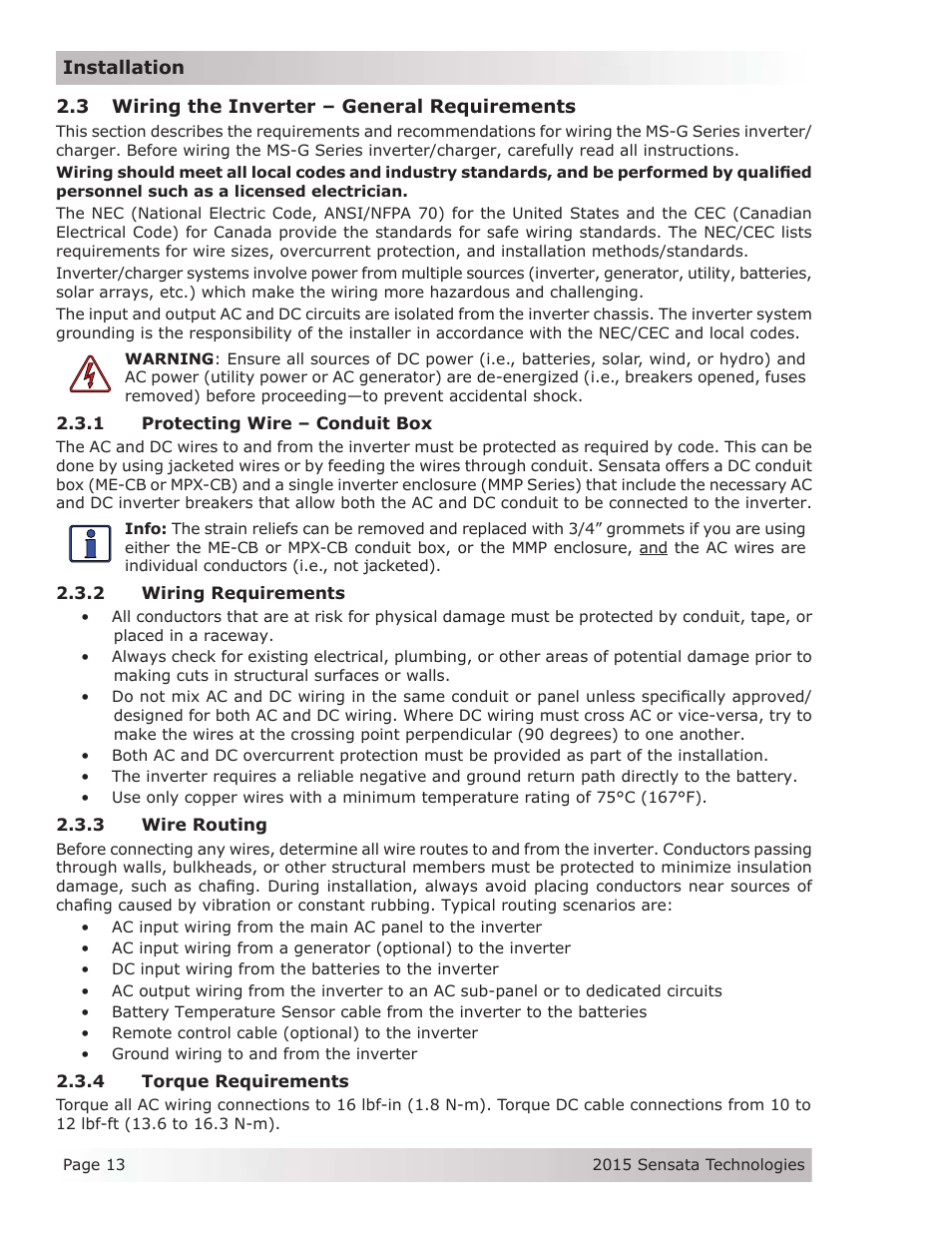 3 wiring the inverter – general requirements, 1 protecting wire – conduit box, 2 wiring requirements | 3 wire routing | Magnum Energy MS-G Series User Manual | Page 21 / 74