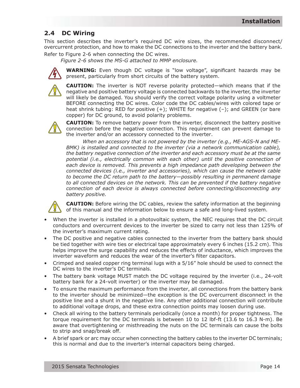 4 torque requirements, 4 dc wiring | Magnum Energy MS-G Series User Manual | Page 22 / 74