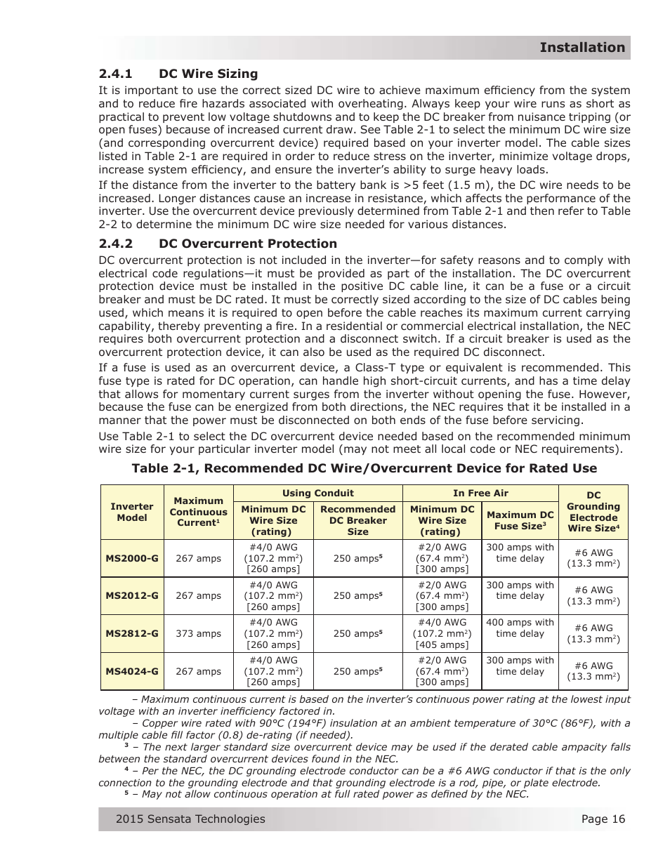 1 dc wire sizing, 2 dc overcurrent protection, Installation | Magnum Energy MS-G Series User Manual | Page 24 / 74