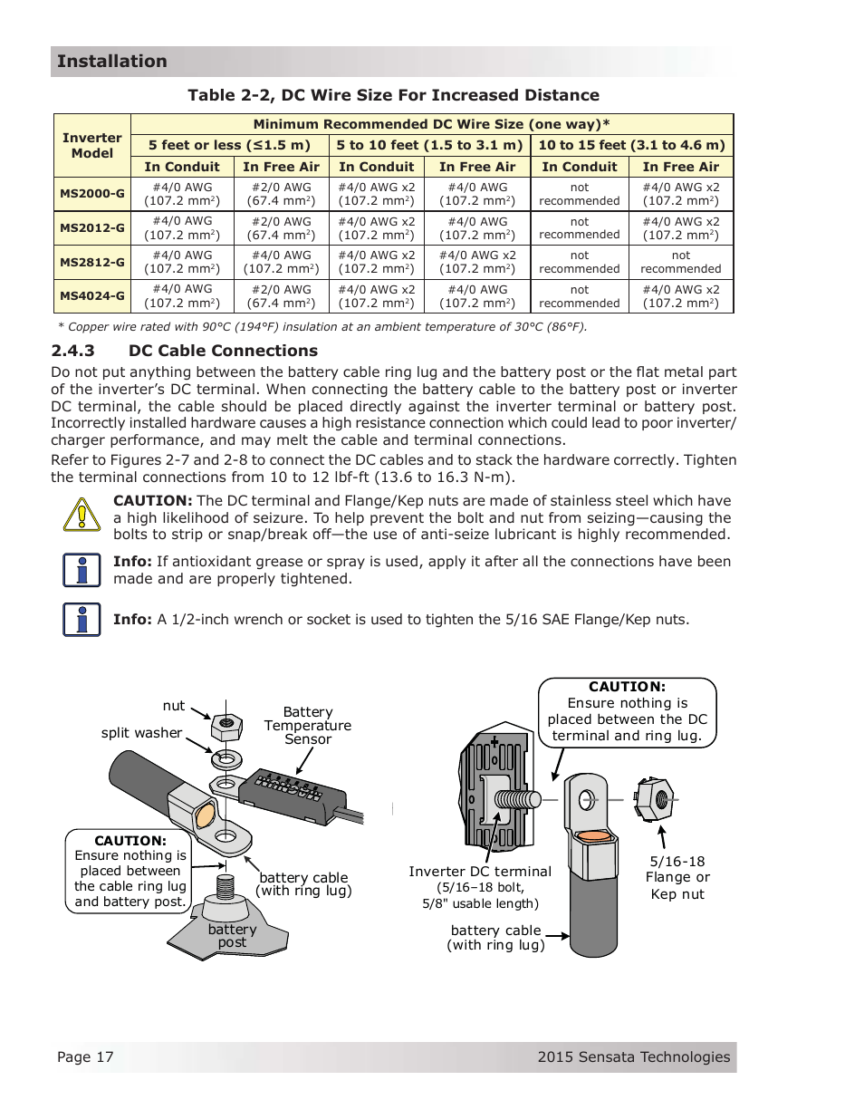 3 dc cable connections, Installation, Table 2-2, dc wire size for increased distance | Magnum Energy MS-G Series User Manual | Page 25 / 74