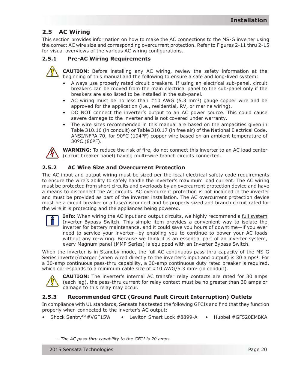 5 ac wiring, 1 pre-ac wiring requirements, 2 ac wire size and overcurrent protection | Magnum Energy MS-G Series User Manual | Page 28 / 74