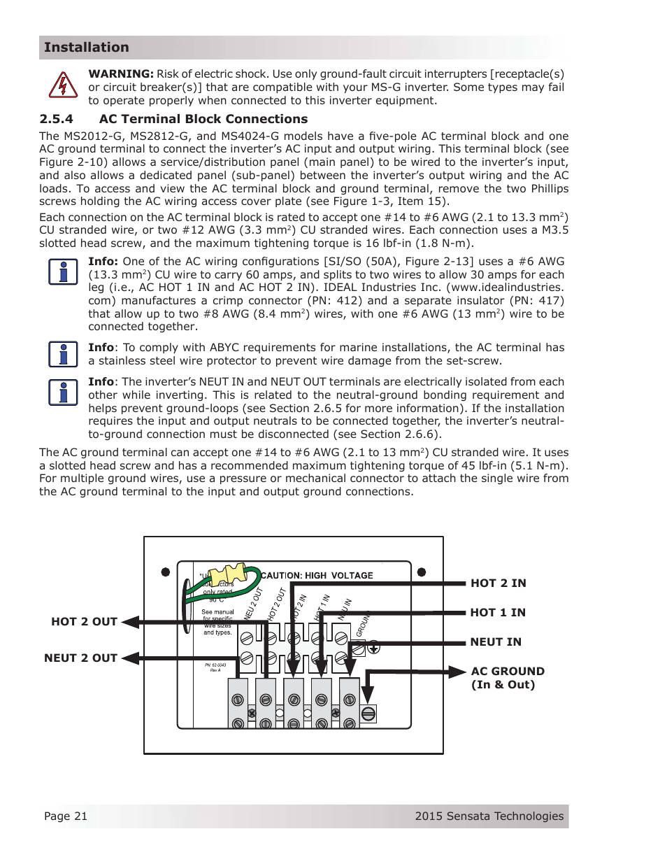 4 ac terminal block connections, Installation | Magnum Energy MS-G Series User Manual | Page 29 / 74