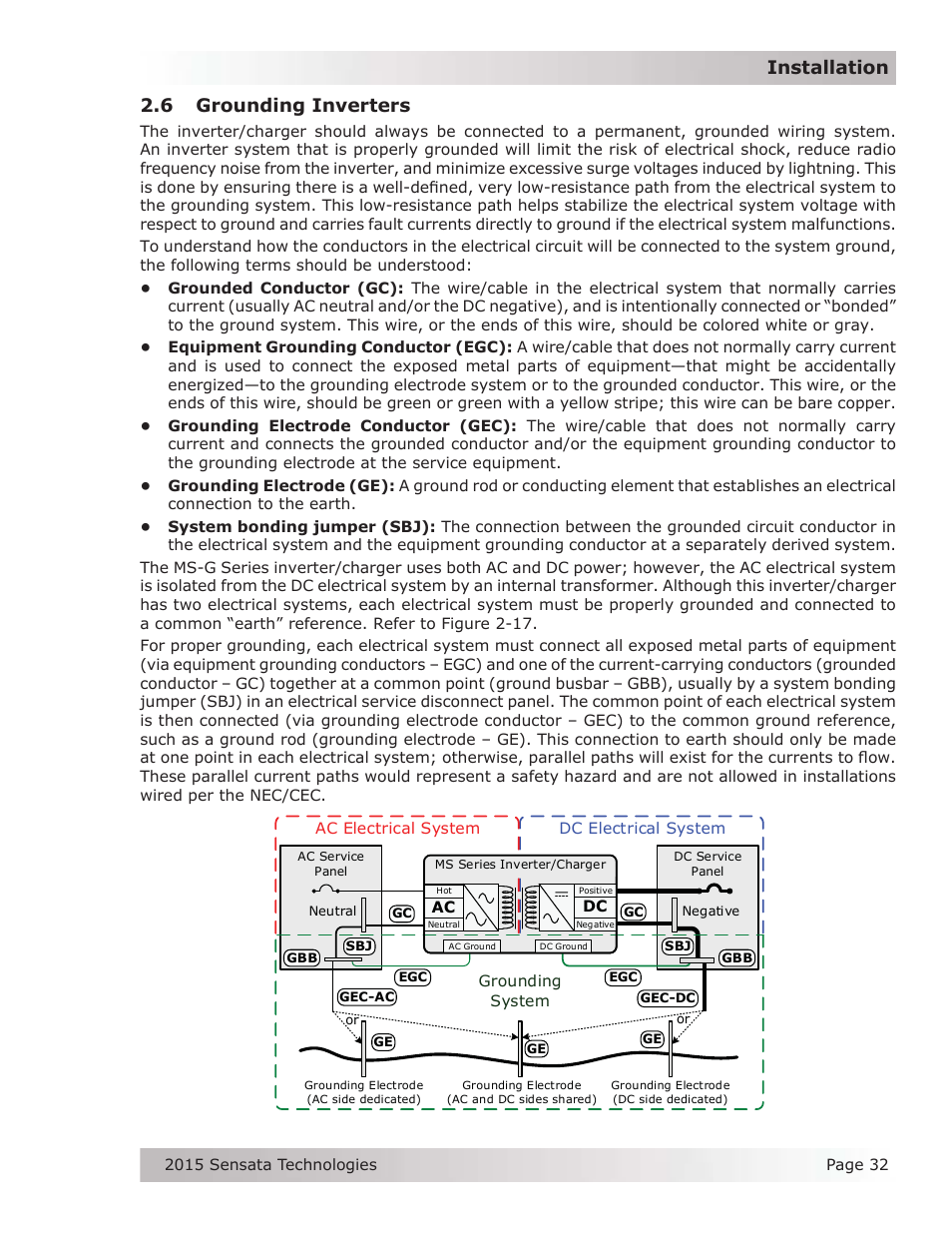 6 grounding inverters, Installation 2.6 grounding inverters | Magnum Energy MS-G Series User Manual | Page 40 / 74