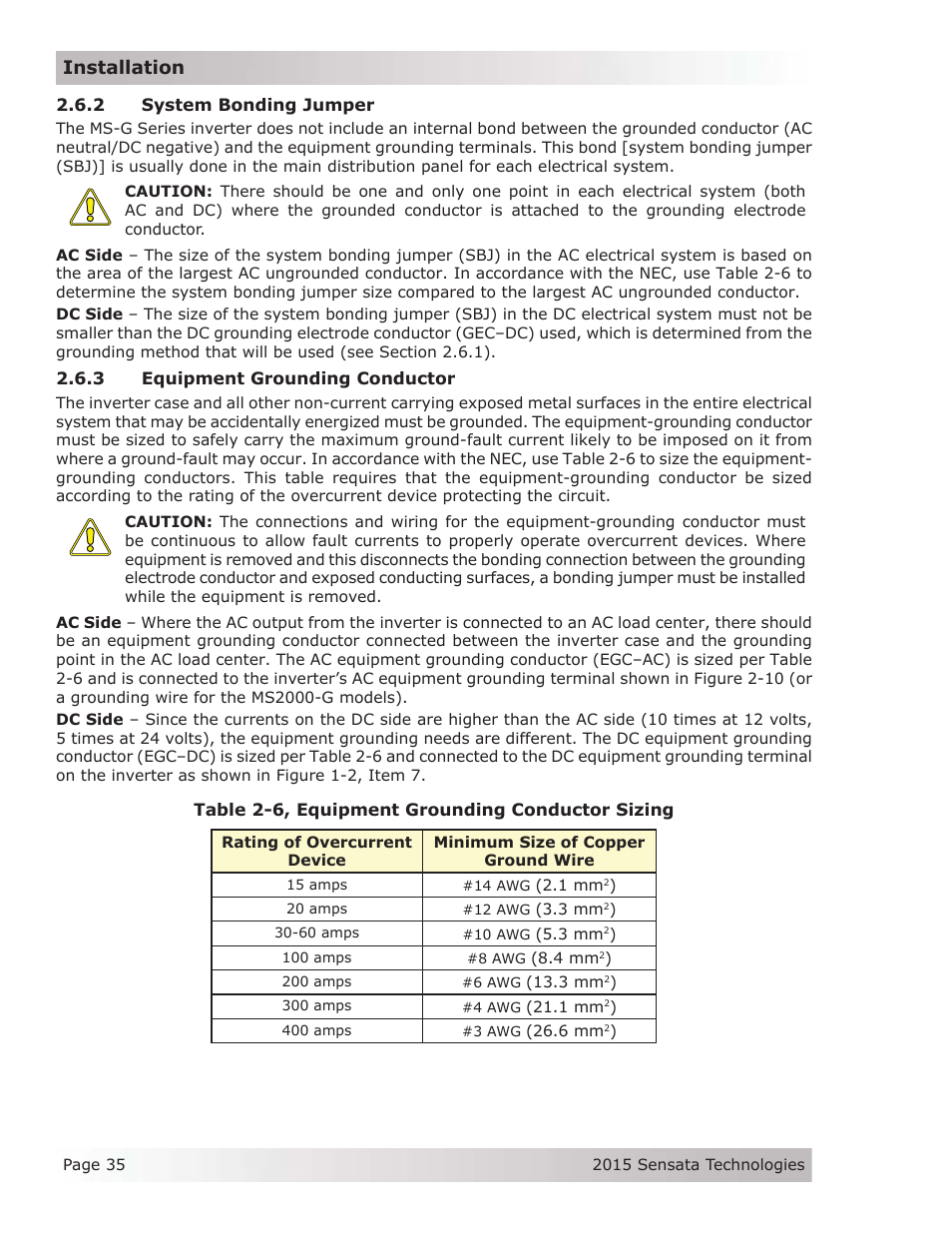 2 system bonding jumper, 3 equipment grounding conductor, Installation | Magnum Energy MS-G Series User Manual | Page 43 / 74