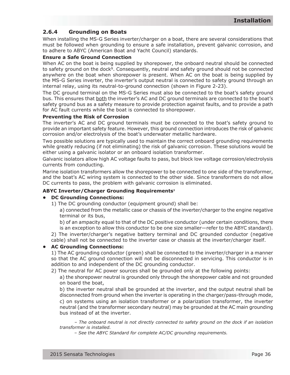 4 grounding on boats, Installation | Magnum Energy MS-G Series User Manual | Page 44 / 74