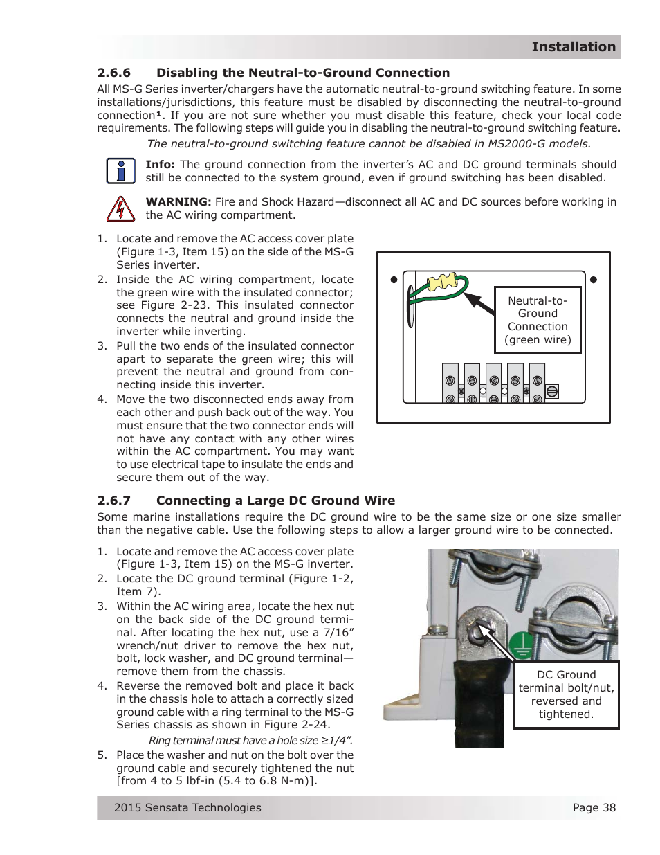 6 disabling the neutral-to-ground connection, 7 connecting a large dc ground wire | Magnum Energy MS-G Series User Manual | Page 46 / 74
