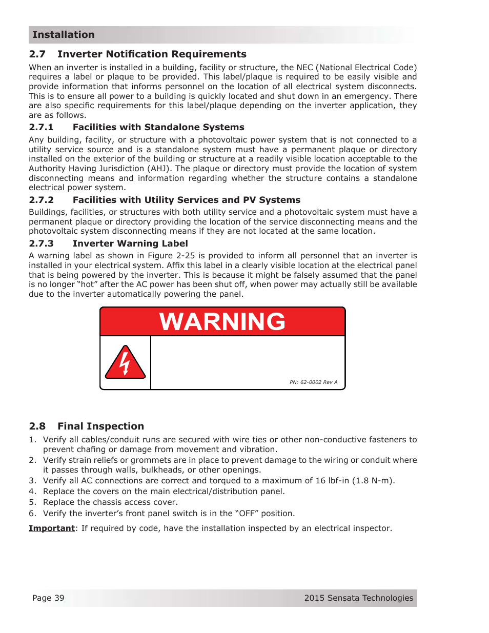 7 inverter notification requirements, 1 facilities with standalone systems, 2 facilities with utility services and pv systems | 3 inverter warning label | Magnum Energy MS-G Series User Manual | Page 47 / 74