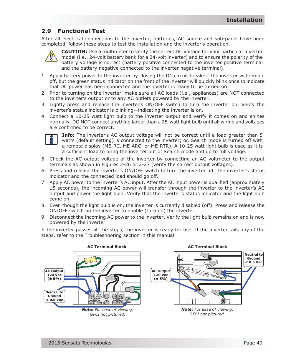 8 final inspection, 9 functional test, Installation 2.9 functional test | Magnum Energy MS-G Series User Manual | Page 48 / 74