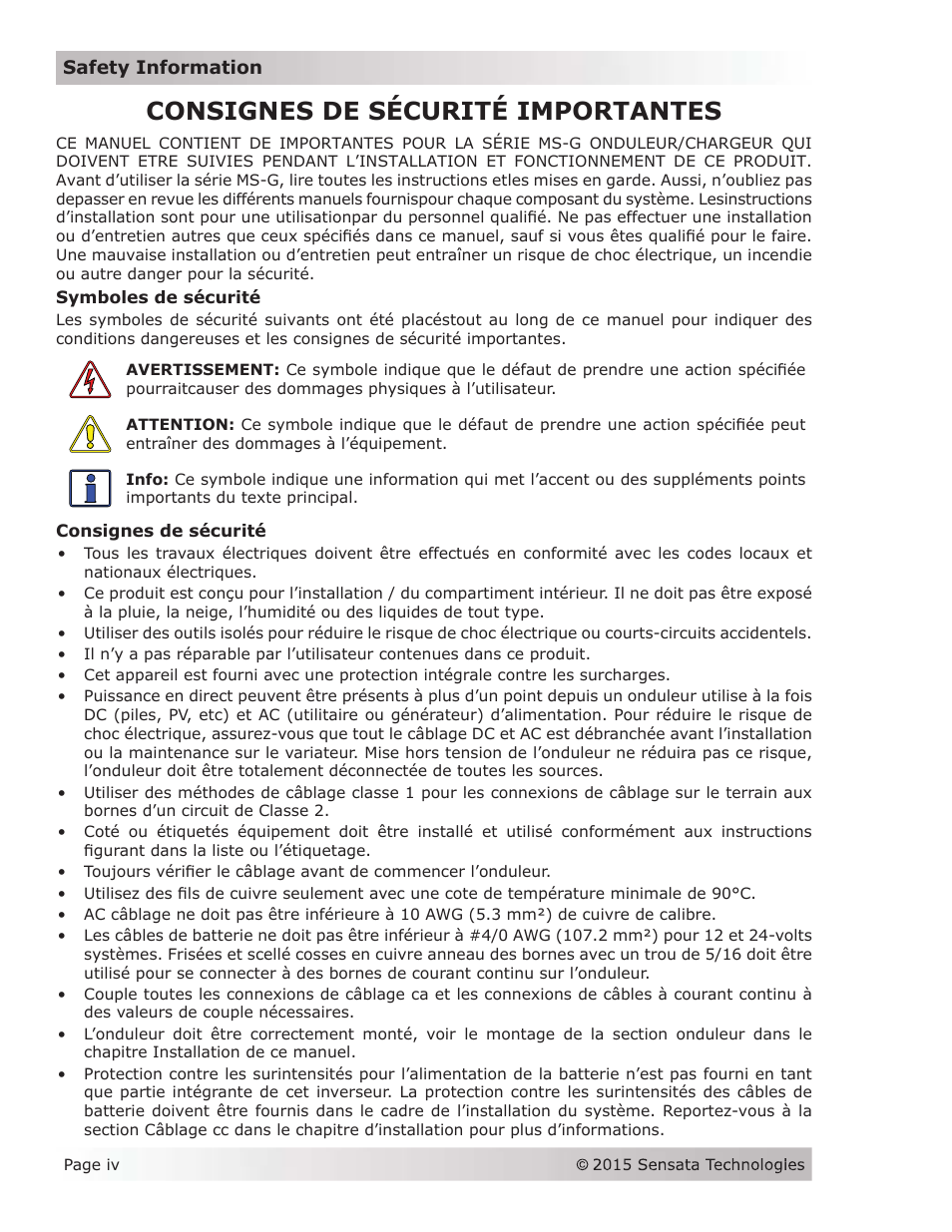 Consignes de sécurité importantes | Magnum Energy MS-G Series User Manual | Page 5 / 74