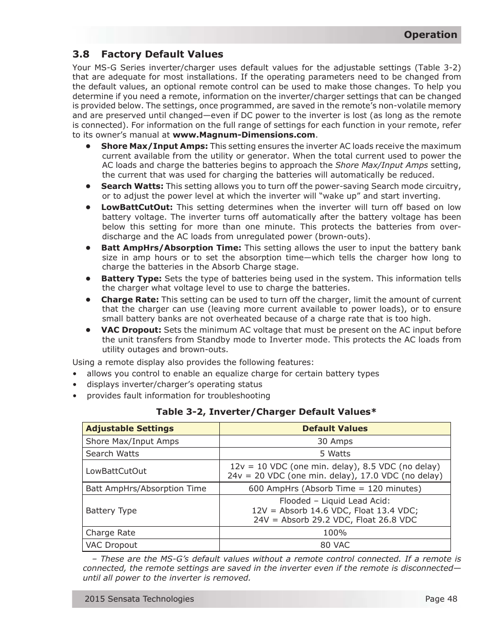 8 factory default values | Magnum Energy MS-G Series User Manual | Page 56 / 74