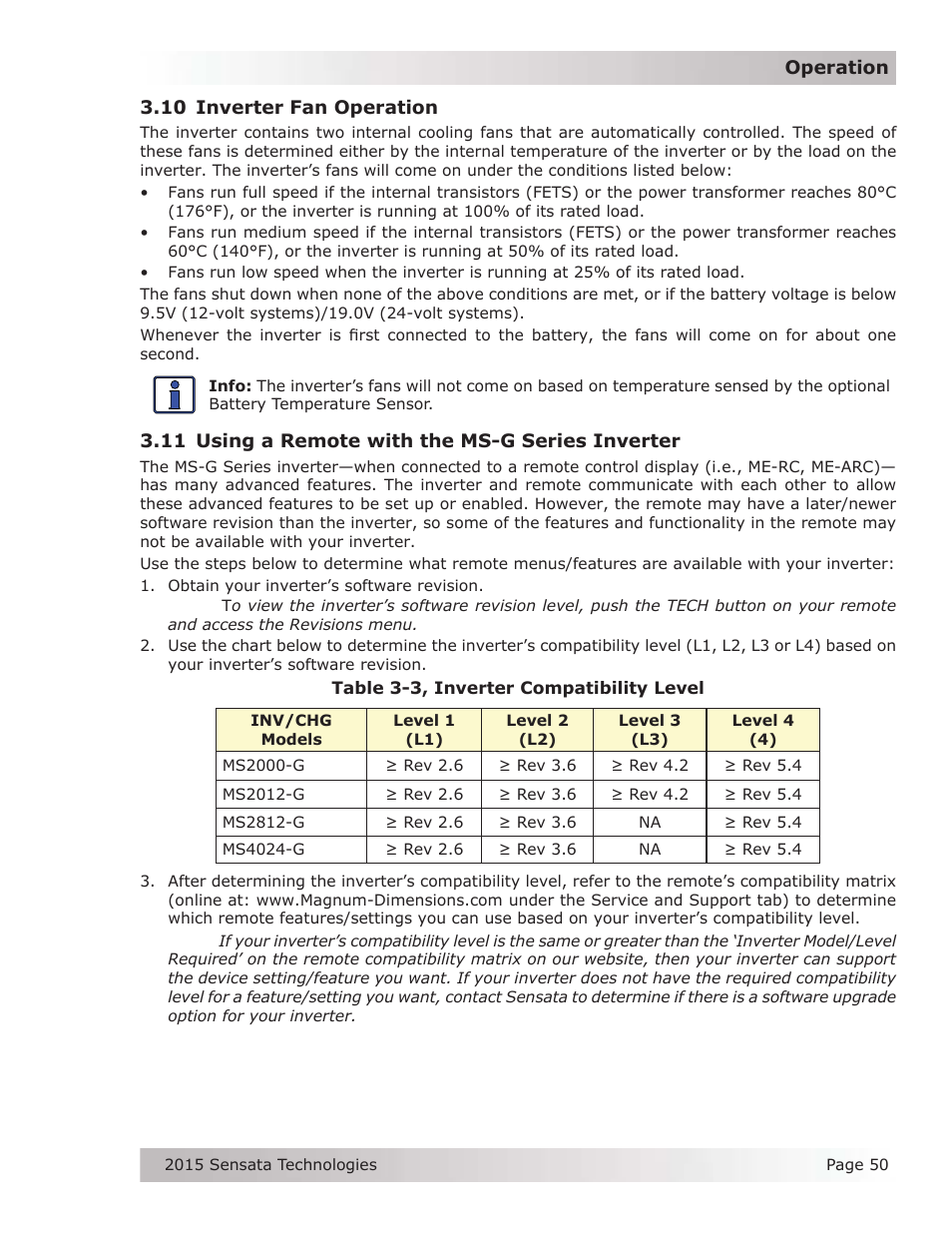 10 inverter fan operation, 11 using a remote with the ms-g series inverter | Magnum Energy MS-G Series User Manual | Page 58 / 74