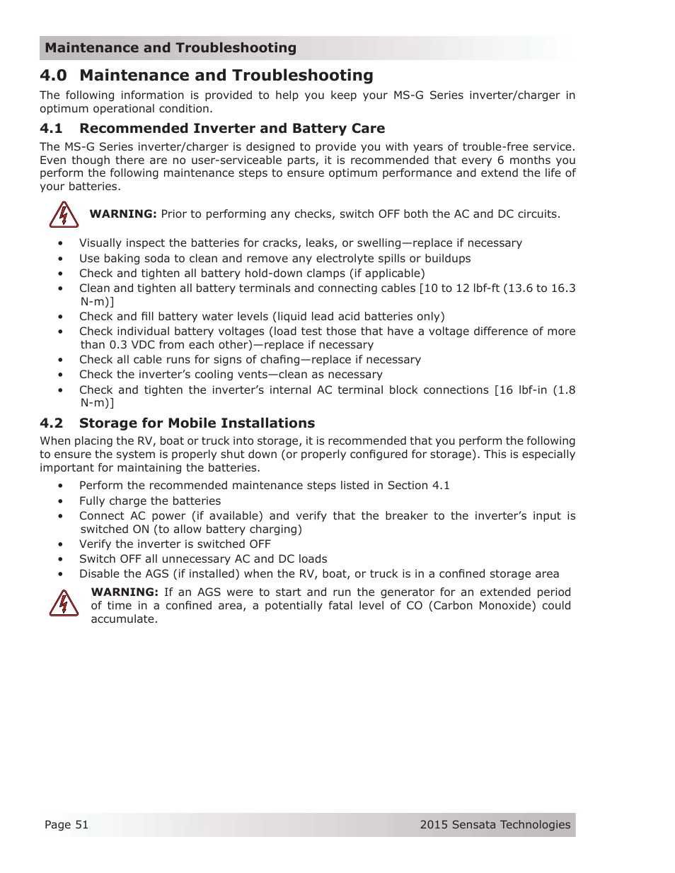 0 maintenance and troubleshooting, 1 recommended inverter and battery care, 2 storage for mobile installations | Magnum Energy MS-G Series User Manual | Page 59 / 74