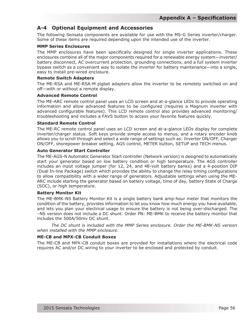 A-4 optional equipment and accessories | Magnum Energy MS-G Series User Manual | Page 64 / 74