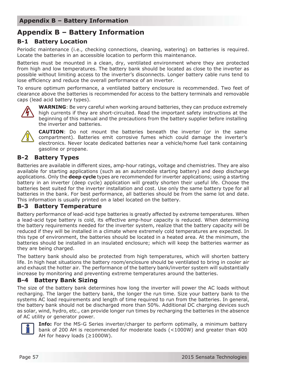 Appendix b – battery information, B-1 battery location, B-2 battery types | B-3 battery temperature, B-4 battery bank sizing | Magnum Energy MS-G Series User Manual | Page 65 / 74