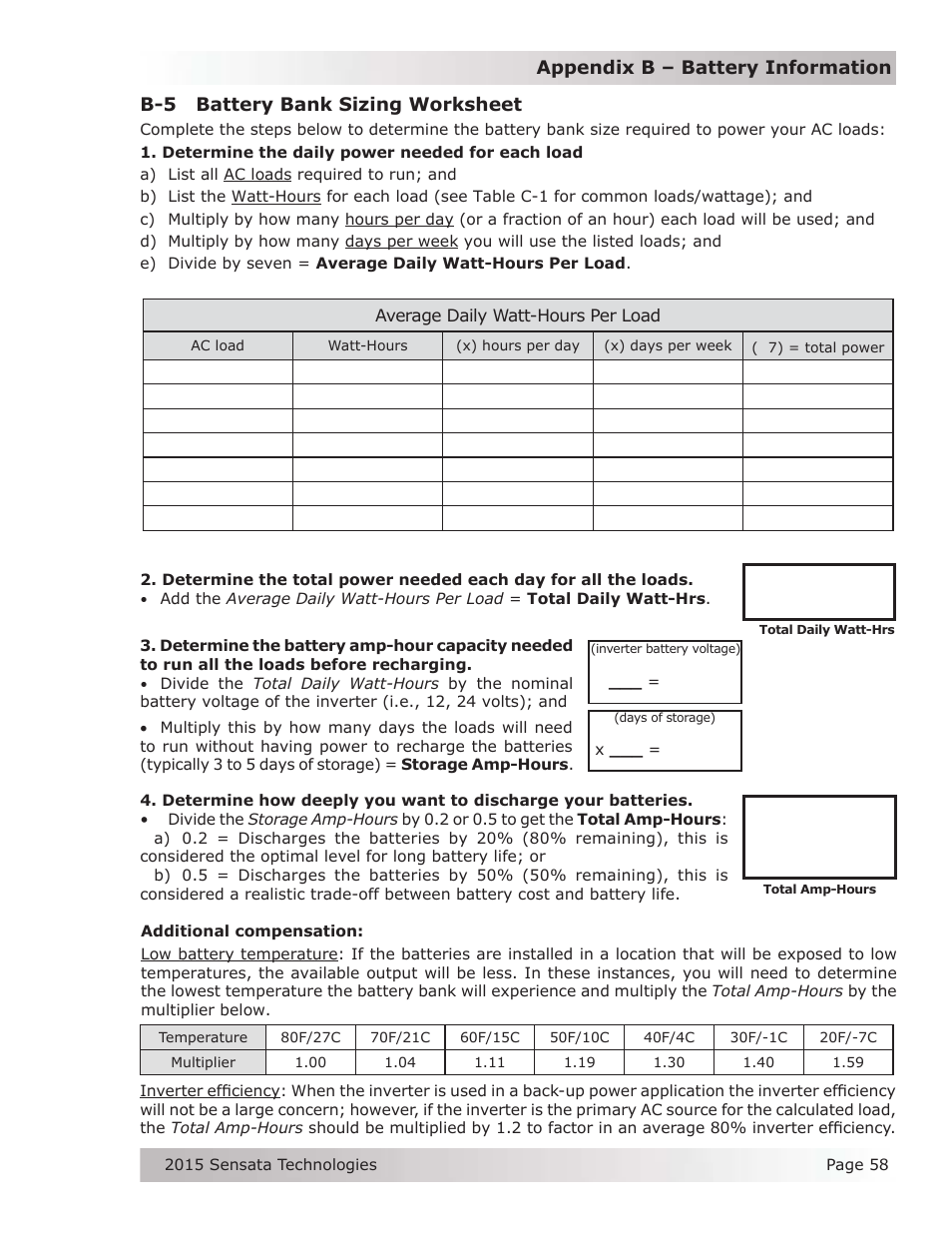 B-5 battery bank sizing worksheet | Magnum Energy MS-G Series User Manual | Page 66 / 74