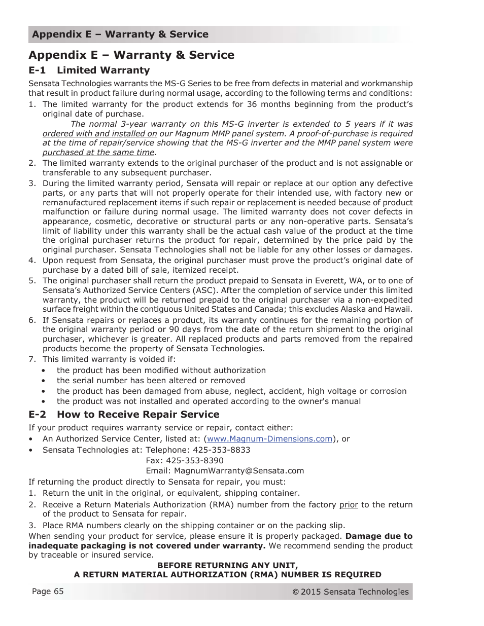 Appendix e – warranty & service, E-1 limited warranty, E-2 how to receive repair service | Magnum Energy MS-G Series User Manual | Page 73 / 74