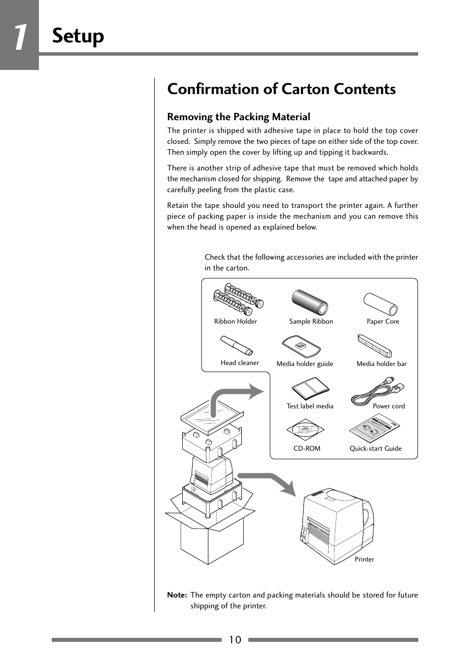 Setup, Confirmation of carton contents, Removing the packing material | Citizen Systems Citizen CLP 621 CLP-621 User Manual | Page 10 / 60