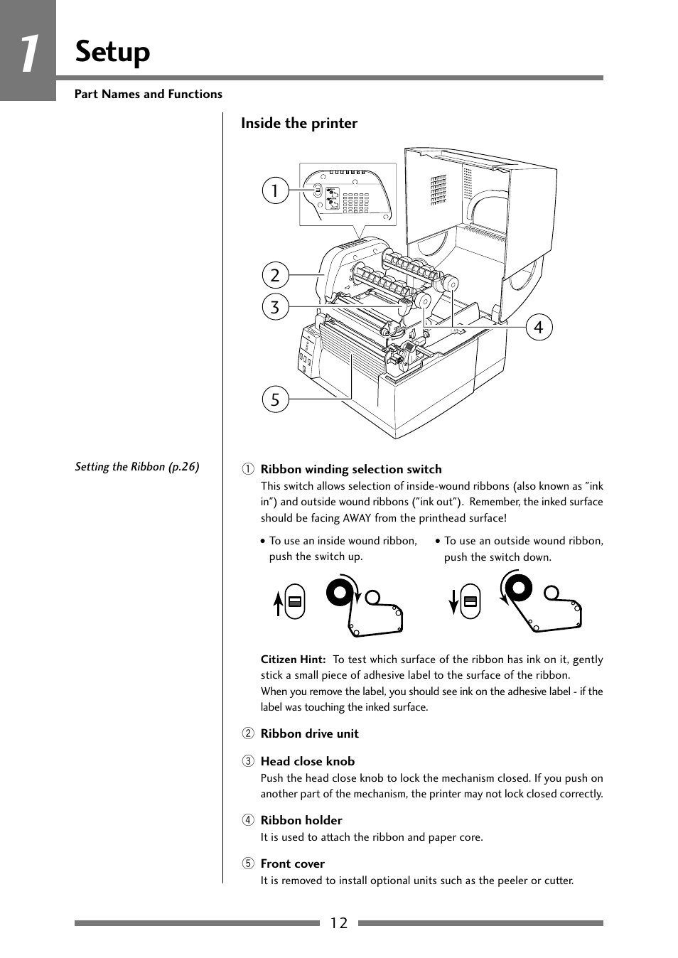 Front view2, Setup | Citizen Systems Citizen CLP 621 CLP-621 User Manual | Page 12 / 60