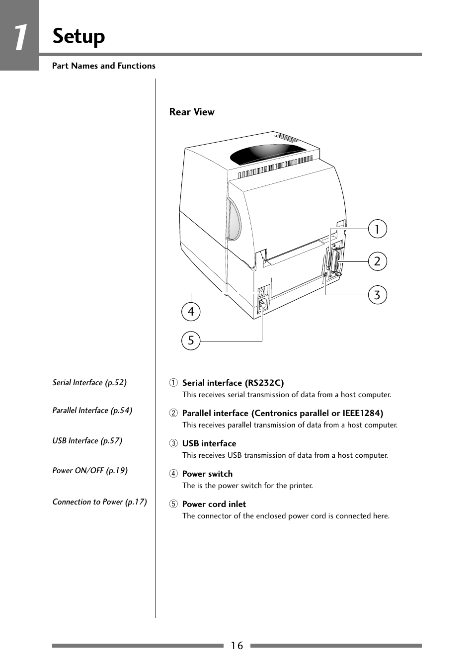 Rear view, Setup | Citizen Systems Citizen CLP 621 CLP-621 User Manual | Page 16 / 60