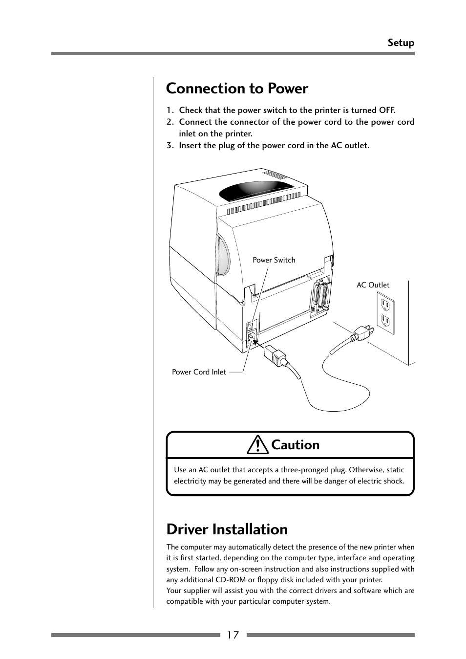 Connection to power, Driver installation, Connection to power driver installation | Connection to power (p.17), Caution | Citizen Systems Citizen CLP 621 CLP-621 User Manual | Page 17 / 60