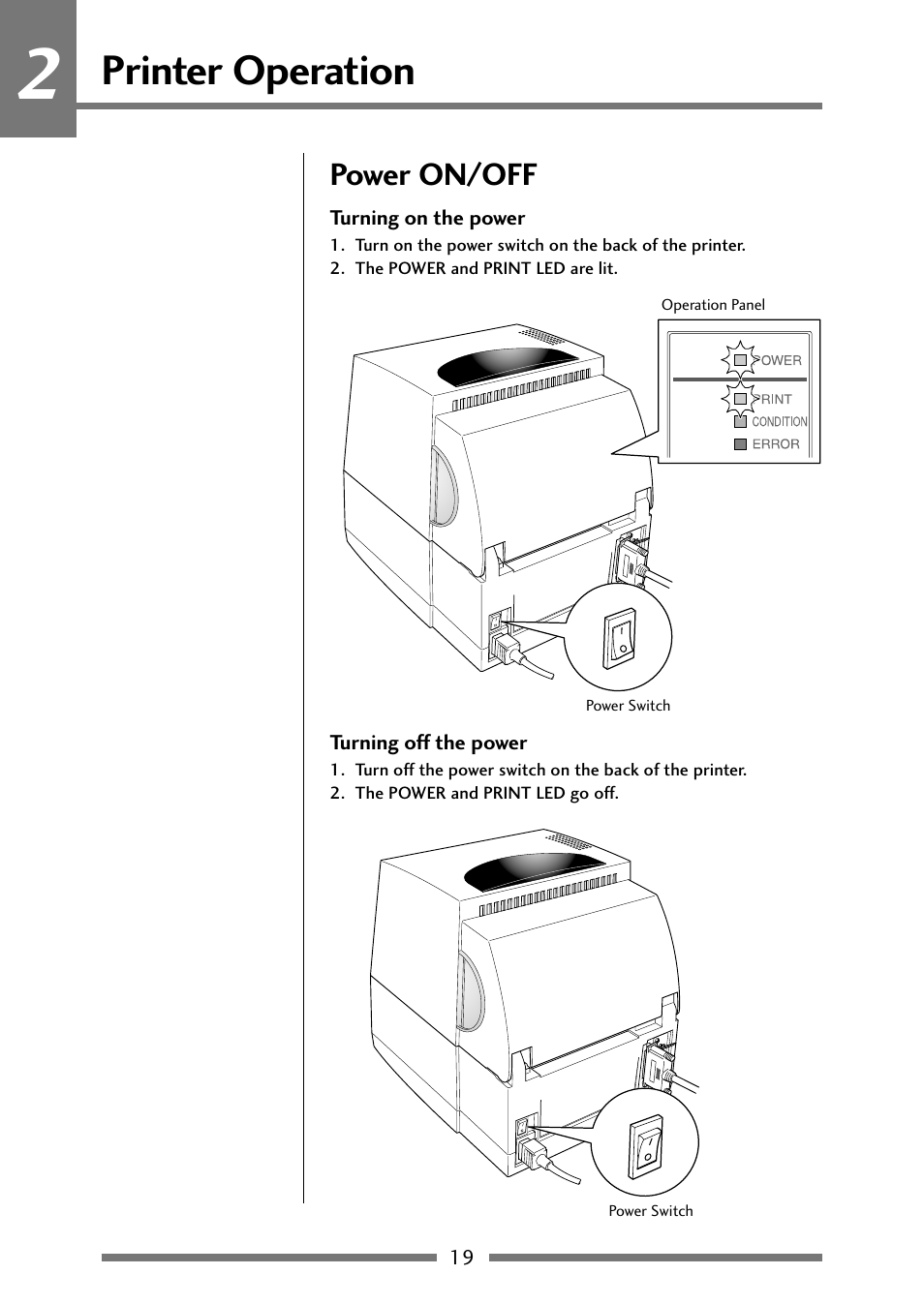 Printer operation, Power on/off, Turning on the power | Turning off the power, Power on/off (p.19) | Citizen Systems Citizen CLP 621 CLP-621 User Manual | Page 19 / 60