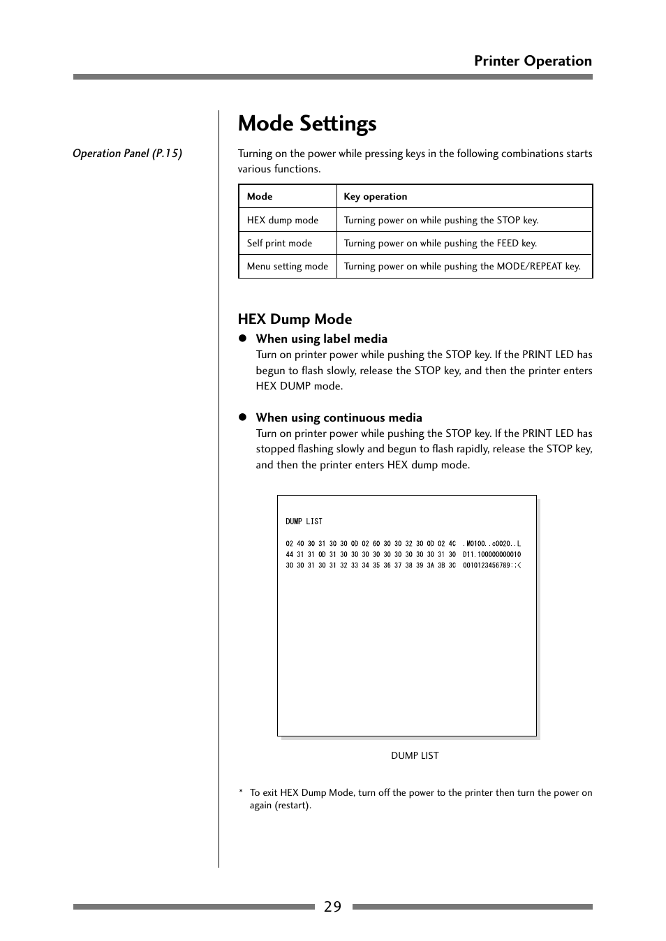 Mode settings, Hex dump mode, 29 printer operation | Citizen Systems Citizen CLP 621 CLP-621 User Manual | Page 29 / 60