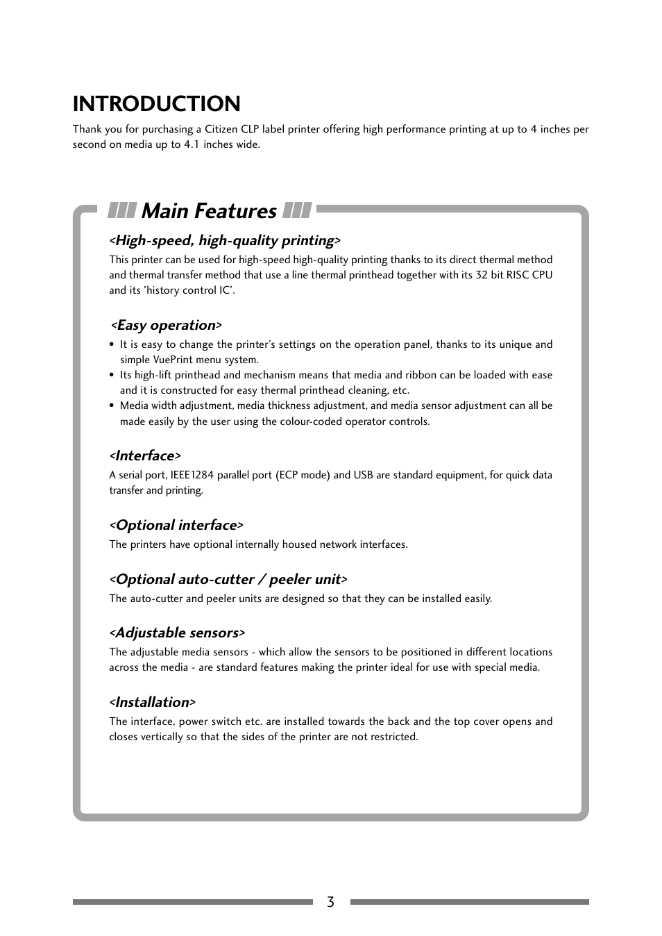 Before operation, Introduction, Main features | Citizen Systems Citizen CLP 621 CLP-621 User Manual | Page 3 / 60