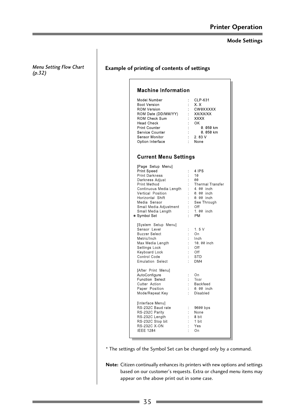 Example of printing (2/2), Example of printing of contents of settings (p.35), 35 printer operation | Citizen Systems Citizen CLP 621 CLP-621 User Manual | Page 35 / 60