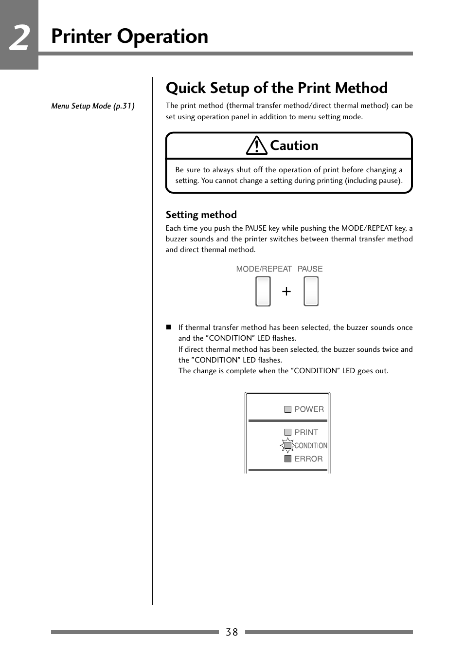 Setting the print method, Quick setup of the print method, Printer operation | Citizen Systems Citizen CLP 621 CLP-621 User Manual | Page 38 / 60