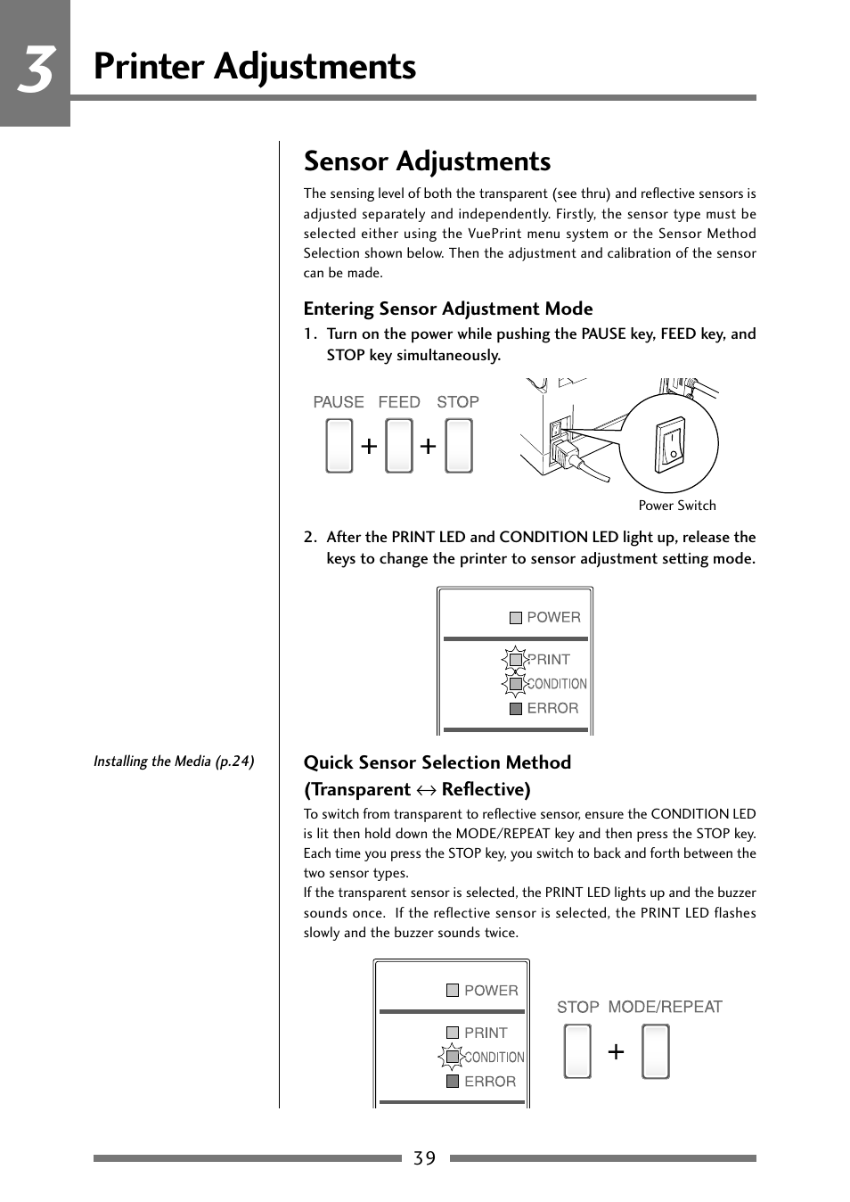 Printer adjustments, Sensor adjustments, Entering sensor adjustment mode | Sensor selection method, Quick sensor selection method (transparent, Reflective), P.39) | Citizen Systems Citizen CLP 621 CLP-621 User Manual | Page 39 / 60